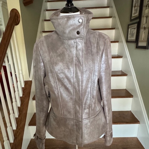 Via Spiga Metallic Moto Vegan Fur-lined Jacket Sz L - Picture 3 of 9